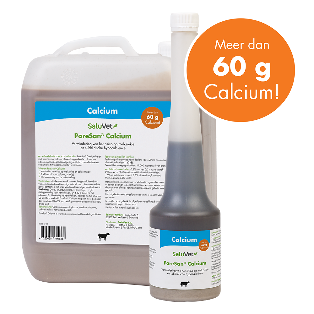 PareSan Calcium vermindert het risico op melkziekte en calciumtekort. Totaal 60 g beschikbare calcium
